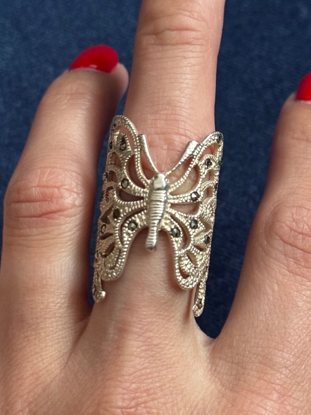 Vintage  925 sterling silver marcasite butterfly Ring Size 6.5‎